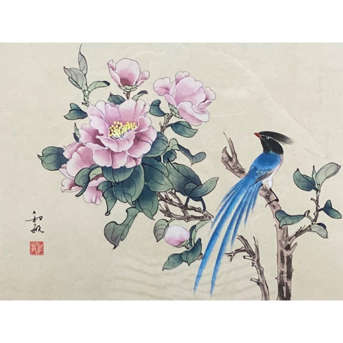 499 - Chinese school - pair of louts flower and bird studies, calligraphy and stamp, work on silk, 29 x 39... 