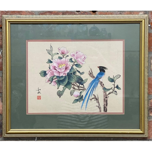 499 - Chinese school - pair of louts flower and bird studies, calligraphy and stamp, work on silk, 29 x 39... 