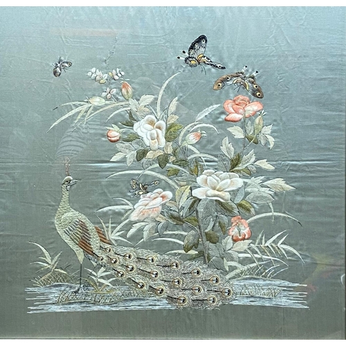 2093 - Chinese silkwork picture of a pheasant and butterflies amidst blossom, 50 x 50cm, framed