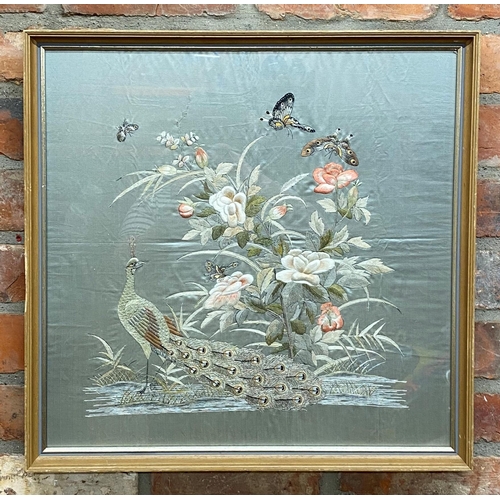 2093 - Chinese silkwork picture of a pheasant and butterflies amidst blossom, 50 x 50cm, framed