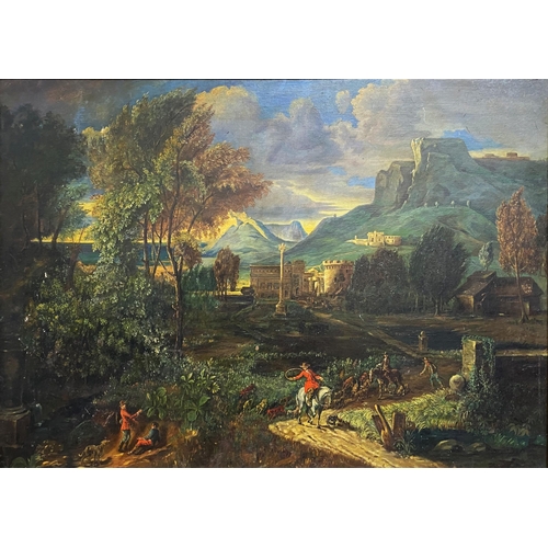 510 - 19th century school -  Hunting outlaws in a Neo Classical landscape, unsigned, oil on board, 79 x 11... 