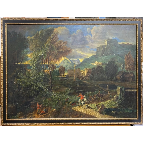 510 - 19th century school -  Hunting outlaws in a Neo Classical landscape, unsigned, oil on board, 79 x 11... 