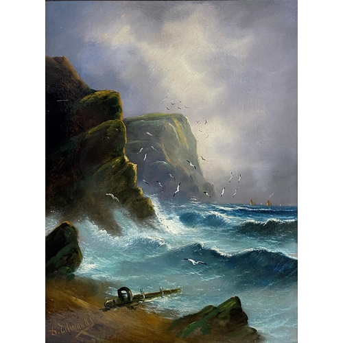 512 - Early 20th century school - Coastal scene with choppy waters, indistinctly signed, oil on board, 48 ... 