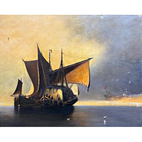 513 - 19th/20th century school - shipping vessel close to shore, unsigned, oil on canvas, 44 x 60cm, good ... 