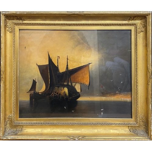 513 - 19th/20th century school - shipping vessel close to shore, unsigned, oil on canvas, 44 x 60cm, good ... 