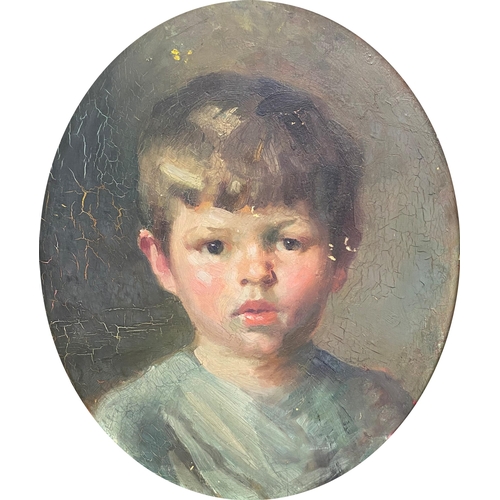 517 - Early 20th century school - bust portrait on of a boy, unsigned, oil on old wooded engraving panel (... 