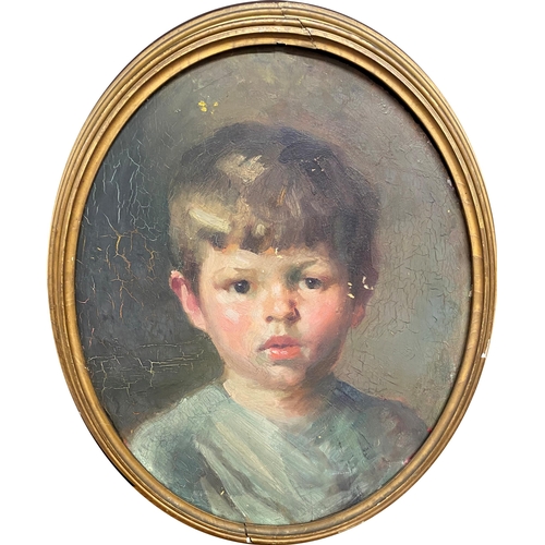 517 - Early 20th century school - bust portrait on of a boy, unsigned, oil on old wooded engraving panel (... 