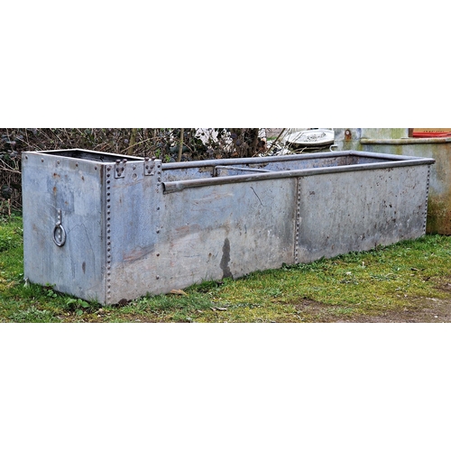 1267 - Good large galvanised steel trough with rivetted seams and ring handles, H 60cm x W 242cm x D 64cm