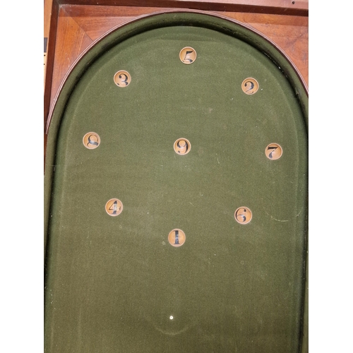 1316 - Antique mahogany folding bagatelle game table on stand with green baize interior, H 56cm x W 142cm x... 