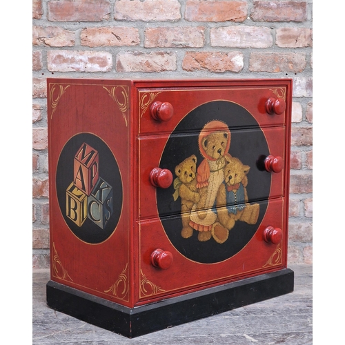 1317 - Contemporary Childs chest of three drawers with novelty hand painted decoration of teddy bears, H 70... 