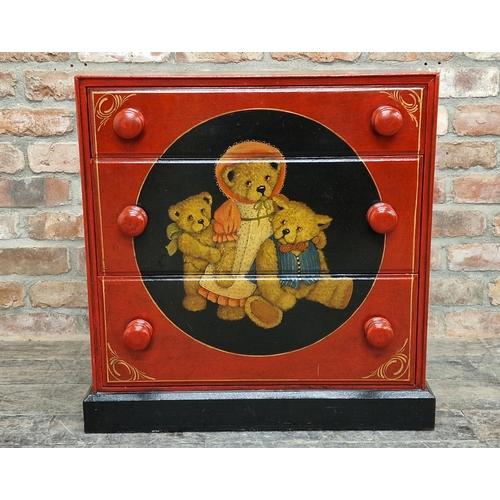 1317 - Contemporary Childs chest of three drawers with novelty hand painted decoration of teddy bears, H 70... 