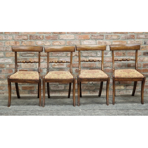 1320 - Set of four Regency mahogany dining chairs with turned bar backs and drop in seats, H 85cm (4)