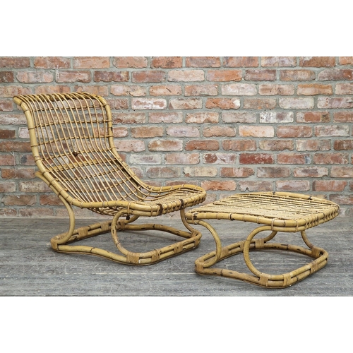 1323 - 20th century Italian rattan chair, H 85cm, together with a matching footstool, H 32cm x W 65cm x D 6... 