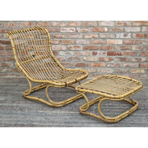 1323 - 20th century Italian rattan chair, H 85cm, together with a matching footstool, H 32cm x W 65cm x D 6... 