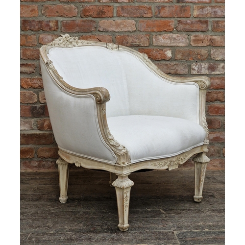 1324 - Antique French quality tub chair with white upholstery, scrolled arms and carved detail, H 90cm