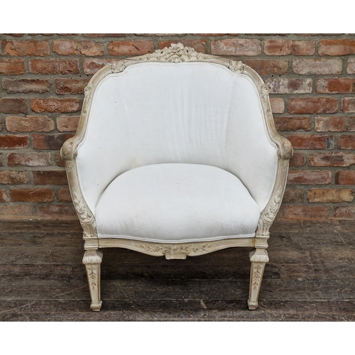 1324 - Antique French quality tub chair with white upholstery, scrolled arms and carved detail, H 90cm