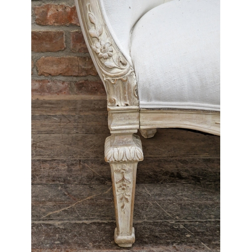 1324 - Antique French quality tub chair with white upholstery, scrolled arms and carved detail, H 90cm