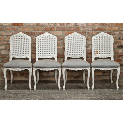 1325 - Set of four vintage French painted dining chairs with cane backs and carved detail, H 98cm (4)