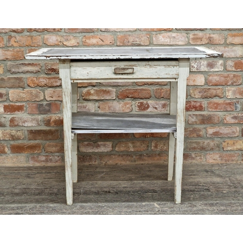 1327 - Vintage Gustavian zinc topped table with single frieze drawer and distressed paintwork, H 81cm x W 1... 