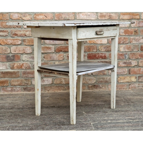 1327 - Vintage Gustavian zinc topped table with single frieze drawer and distressed paintwork, H 81cm x W 1... 