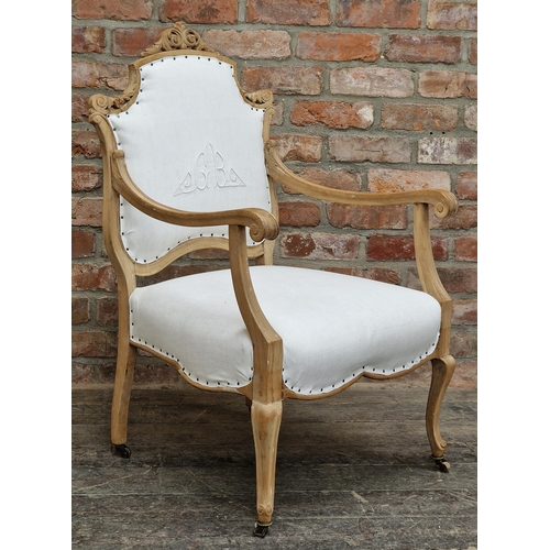 1329 - Vintage French armchair with stripped frame and upholstered seat and back, H 99cm