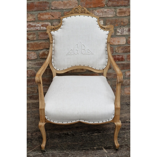 1329 - Vintage French armchair with stripped frame and upholstered seat and back, H 99cm