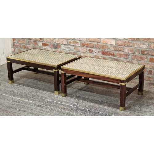 1335 - Pair of campaign style brass bound coffee tables with Louis Vuitton graphic to tops, H 40cm x W 90cm... 