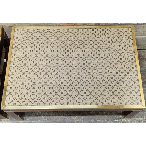 1335 - Pair of campaign style brass bound coffee tables with Louis Vuitton graphic to tops, H 40cm x W 90cm... 