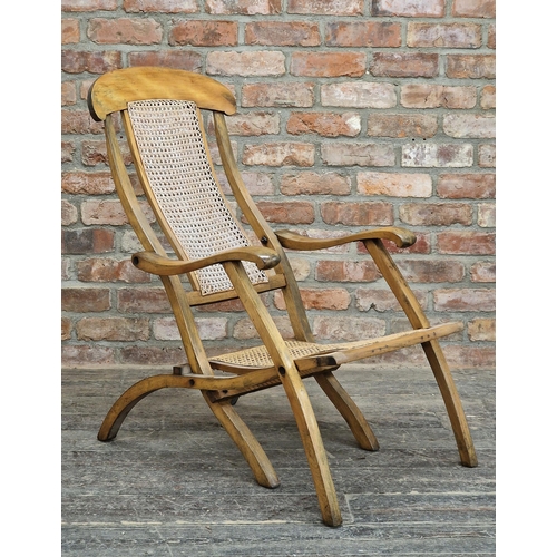 1339 - Antique folding campaign steamer chair with cane seat and back, H 85cm