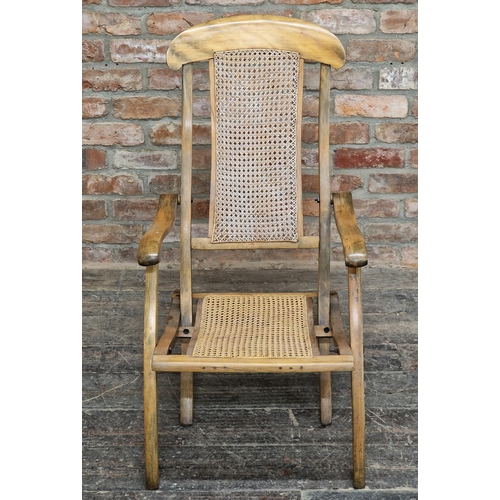 1339 - Antique folding campaign steamer chair with cane seat and back, H 85cm