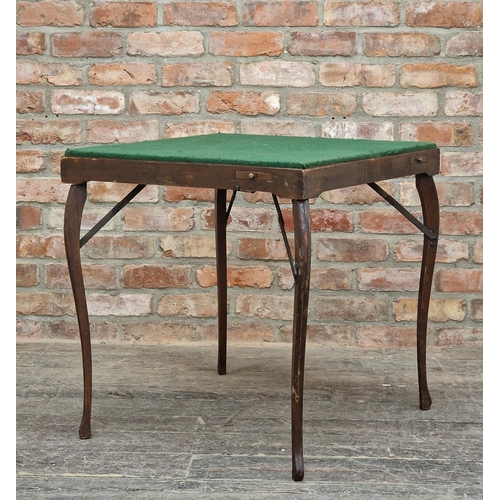 1343 - Antique folding card table with green felt top and four pull out counter / card slides, H 70cm x W 6... 