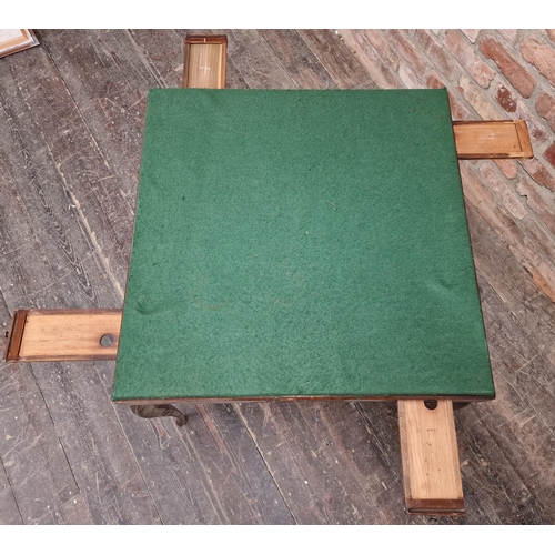 1343 - Antique folding card table with green felt top and four pull out counter / card slides, H 70cm x W 6... 