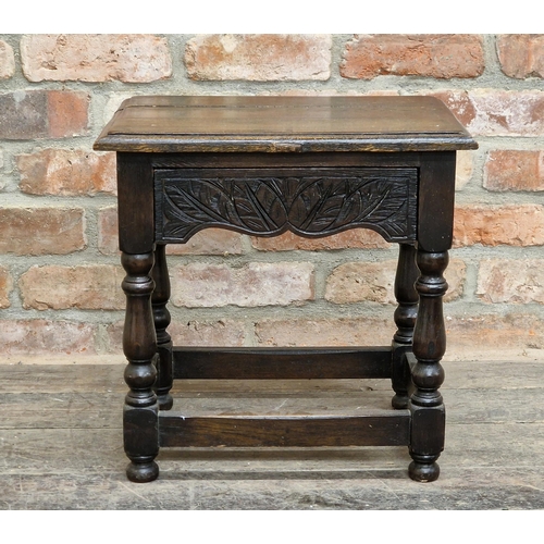 1344 - Reproduction oak joint stool with turned supports and frieze drawer, H 45cm x W 46cm x D 34cm