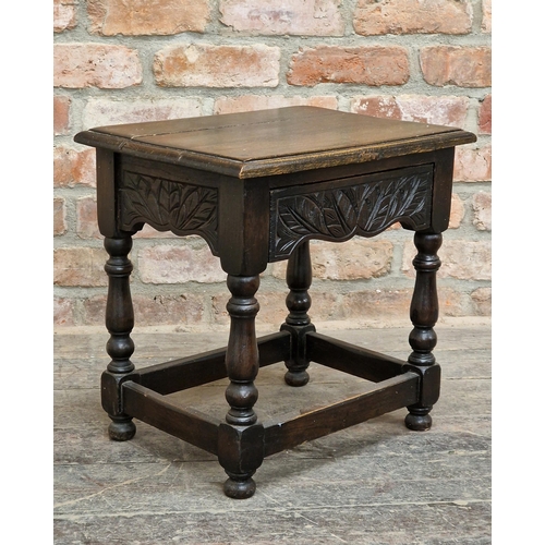 1344 - Reproduction oak joint stool with turned supports and frieze drawer, H 45cm x W 46cm x D 34cm