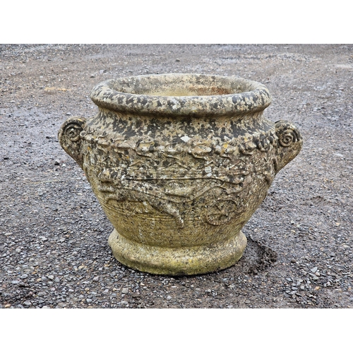 1063 - A weathered reconstituted stone planter with chariot scene relief, H 42cm x W 54cm