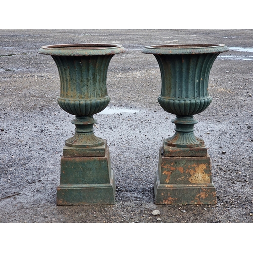 1080 - A good quality pair of painted cast iron Campana urns with egg and dart rims and lobed bowls raised ... 