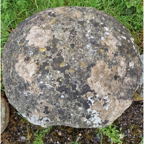 1113 - A matched pair of good quality weathered natural stone staddle stones, largest H 81cm x W 34cm (2)