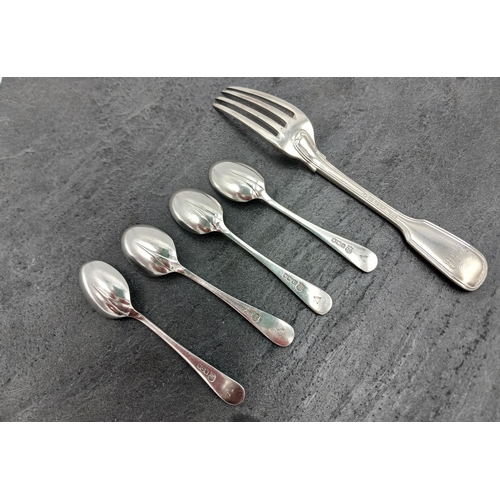 129 - Victorian silver fiddle thread dessert fork and four rat tail coffee spoons, 3.5oz approx