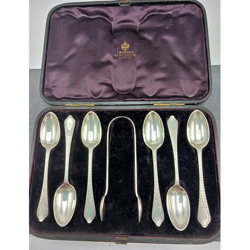 130 - Cased suite of Victorian bright cut silver teaspoons with a pair of sugar nips, maker Francis Higgin... 