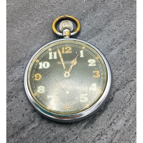 25 - Jaeger LeCoultre WWII military chrome pocket watch, black dial with Arabic numerals and subsidiary s... 