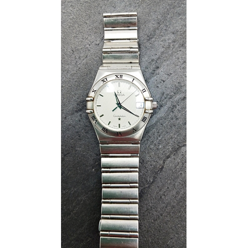 12 - Vintage Omega Constellation stainless steel gentz quartz watch, 35mm case, white dial with silver ha... 