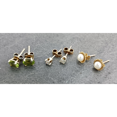 51 - Three pairs of 9ct stub earrings, diamond, pearl and peridot, 2.8g