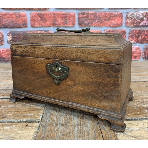 2187 - George III mahogany tea caddy, the Cavetto moulded lid lifts to reveal three compartments with origi... 