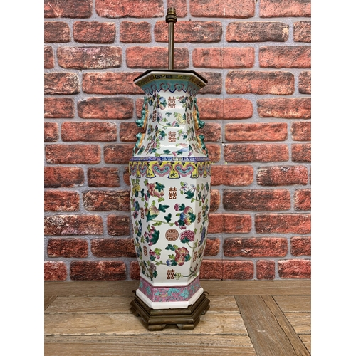 2117 - Chinese Oriental Porcelain hexagonal vase with Foo Dog handles, converted into a lamp, sat on a bras... 