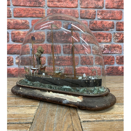 2323 - Antique Folk Art diorama of a three mast sailing and steam ship, under a glass dome on wooden base, ... 