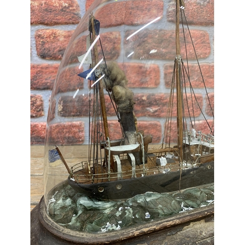 2323 - Antique Folk Art diorama of a three mast sailing and steam ship, under a glass dome on wooden base, ... 