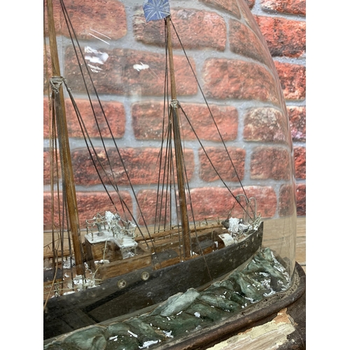 2323 - Antique Folk Art diorama of a three mast sailing and steam ship, under a glass dome on wooden base, ... 