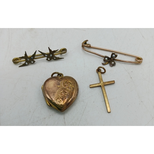 79 - Mixed 9ct jewellery - cross pendant, heart locket pendant and two seed pearl brooches, 6.2g