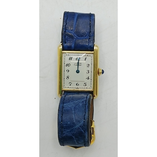 13 - Vintage Must De Cartier Vermeil Tank quartz silver gilt ladies watch, 24mm case, silver dial with in... 