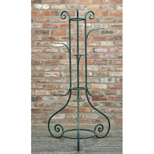 1028 - Vintage tall French wrought iron florists plant stand of scrolled form, H 161cm x W 80cm